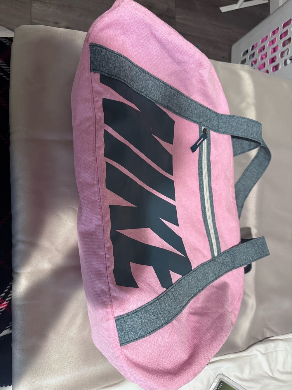 Nike Pink Duffel with Gray Straps and Black Logo